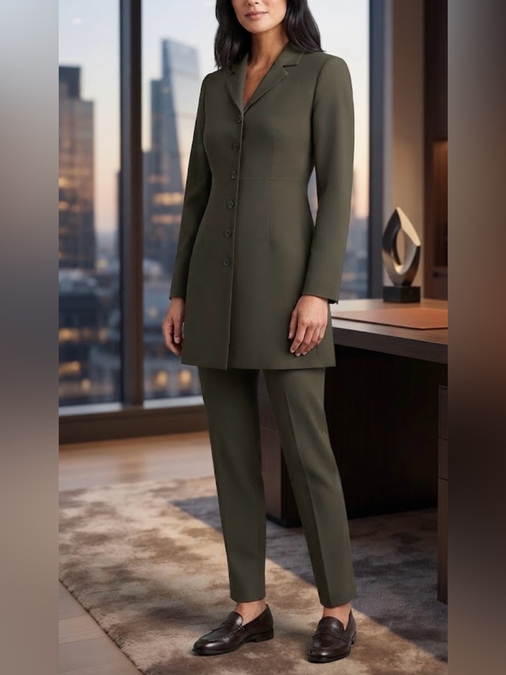 PREVIEW COLLECTION Single-breasted 6 button long line olive green blazer size 14